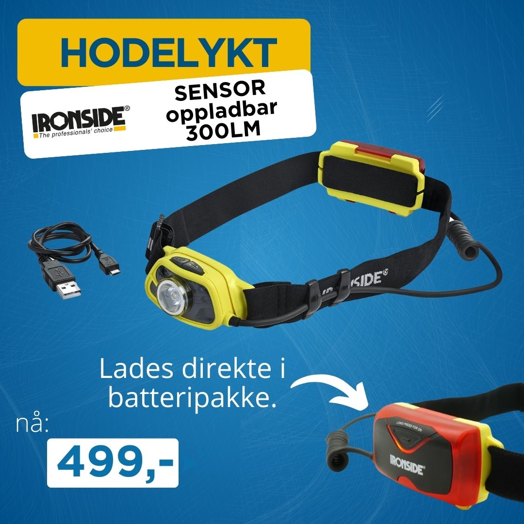 Hodelykt Sensor oppladbar Ironside 300lm (555645)